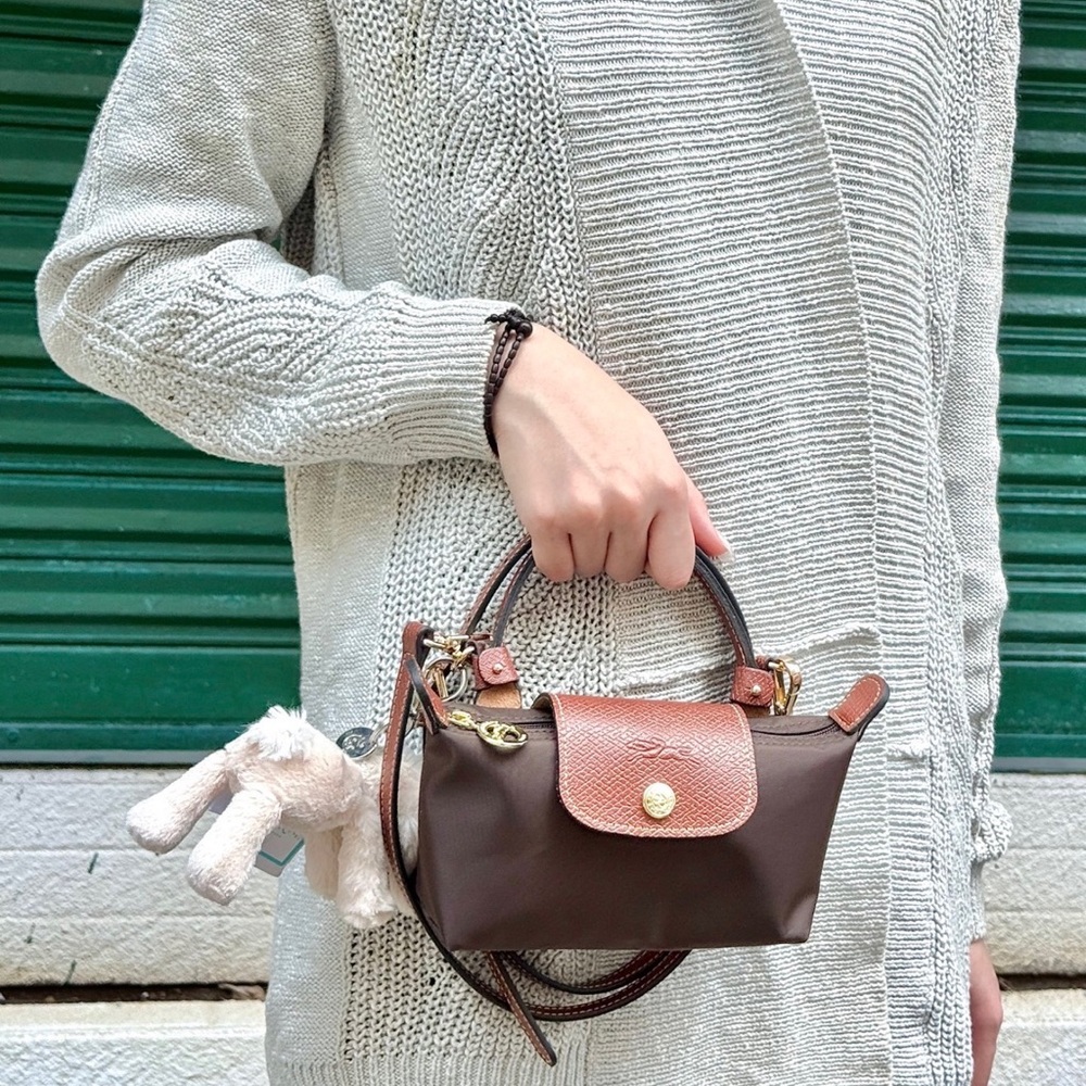 Longchamp Mini Le Pliage Tote in Dark Brown with Cognac Flap